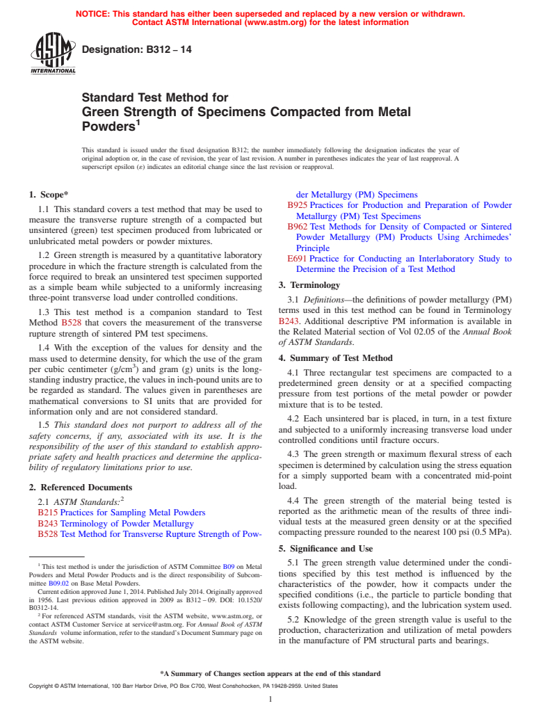 ASTM B312-14 - Standard Test Method for  Green Strength of Specimens Compacted from Metal Powders