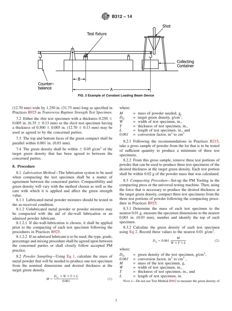 ASTM B312-14 - Standard Test Method for  Green Strength of Specimens Compacted from Metal Powders