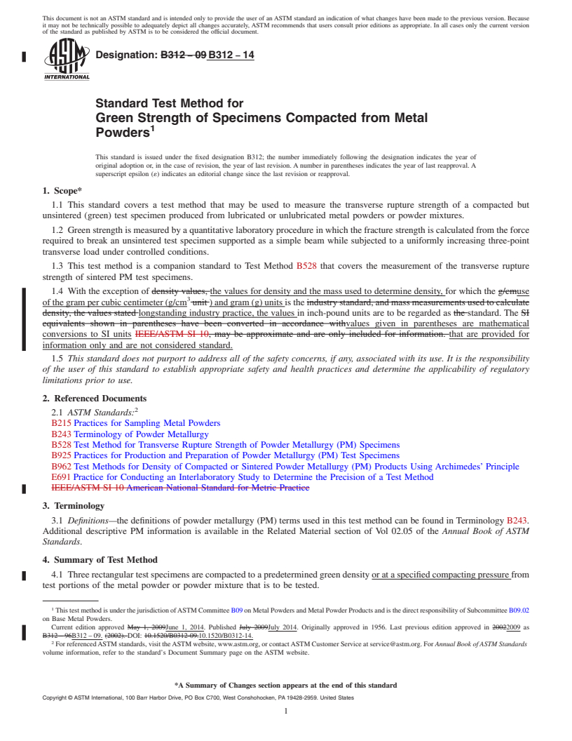 REDLINE ASTM B312-14 - Standard Test Method for  Green Strength of Specimens Compacted from Metal Powders