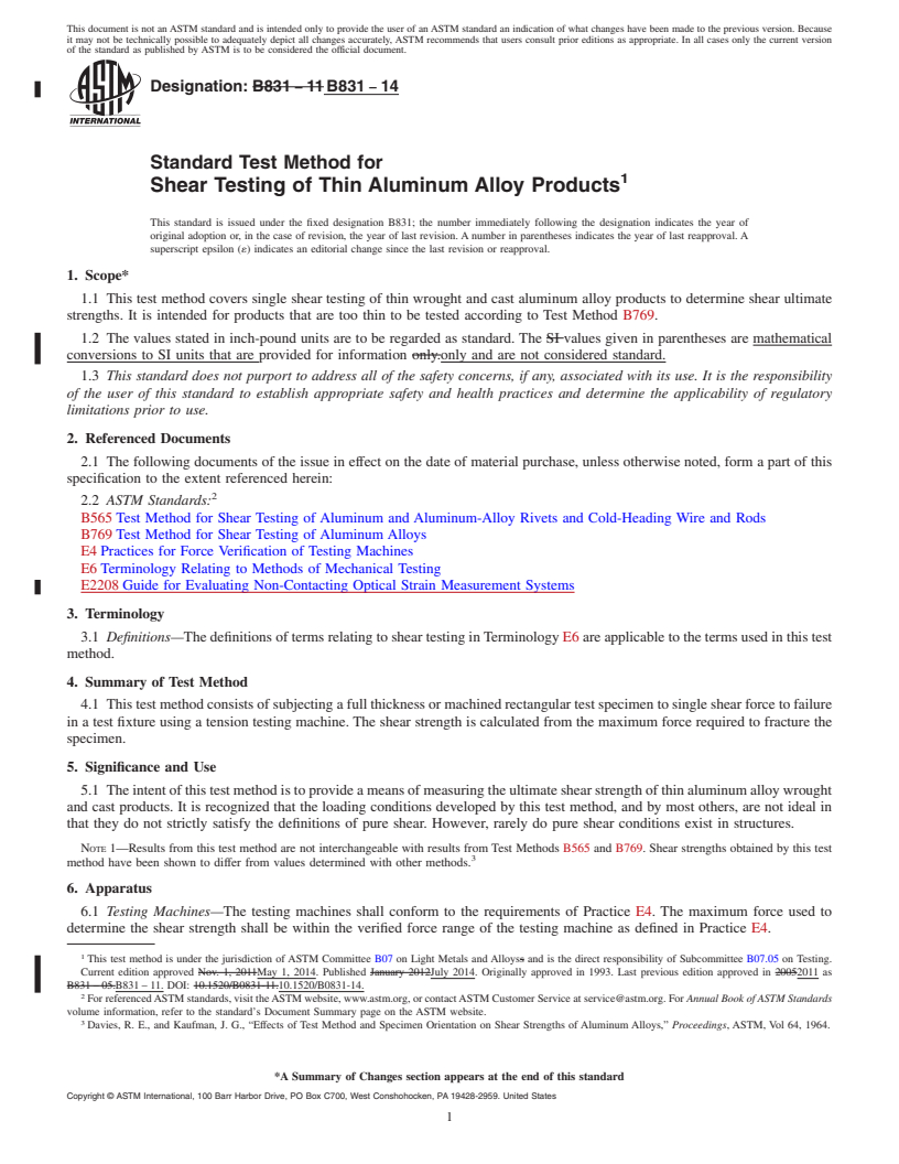 REDLINE ASTM B831-14 - Standard Test Method for Shear Testing of Thin Aluminum Alloy Products