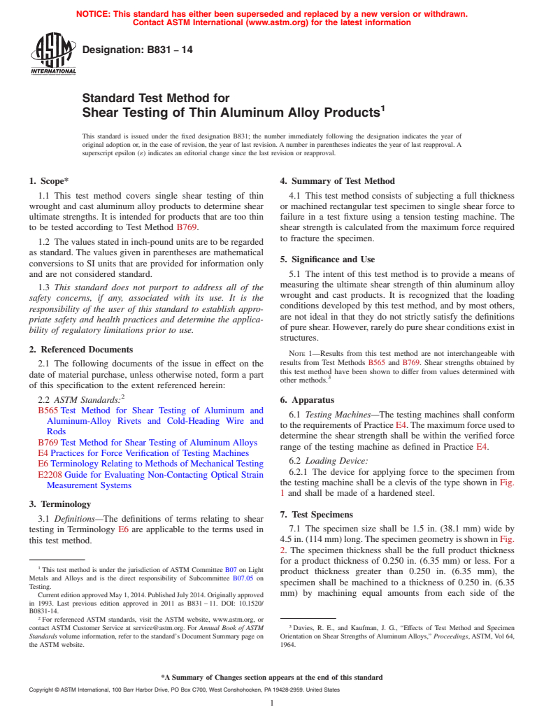 ASTM B831-14 - Standard Test Method for Shear Testing of Thin Aluminum Alloy Products