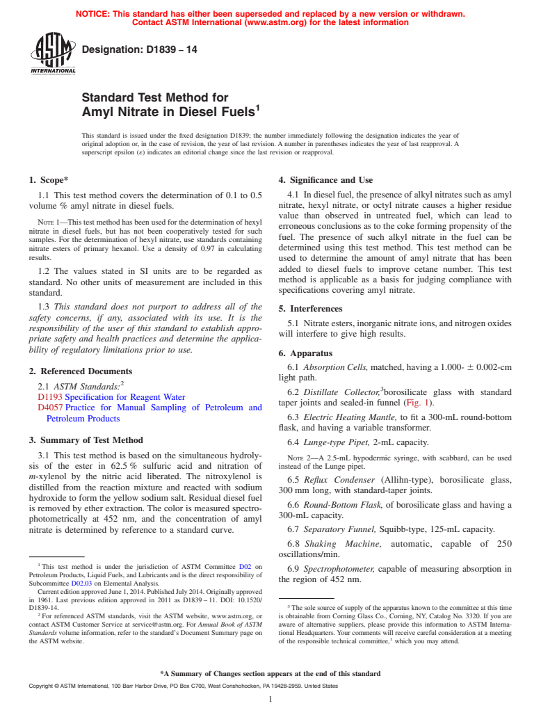 ASTM D1839-14 - Standard Test Method for  Amyl Nitrate in Diesel Fuels