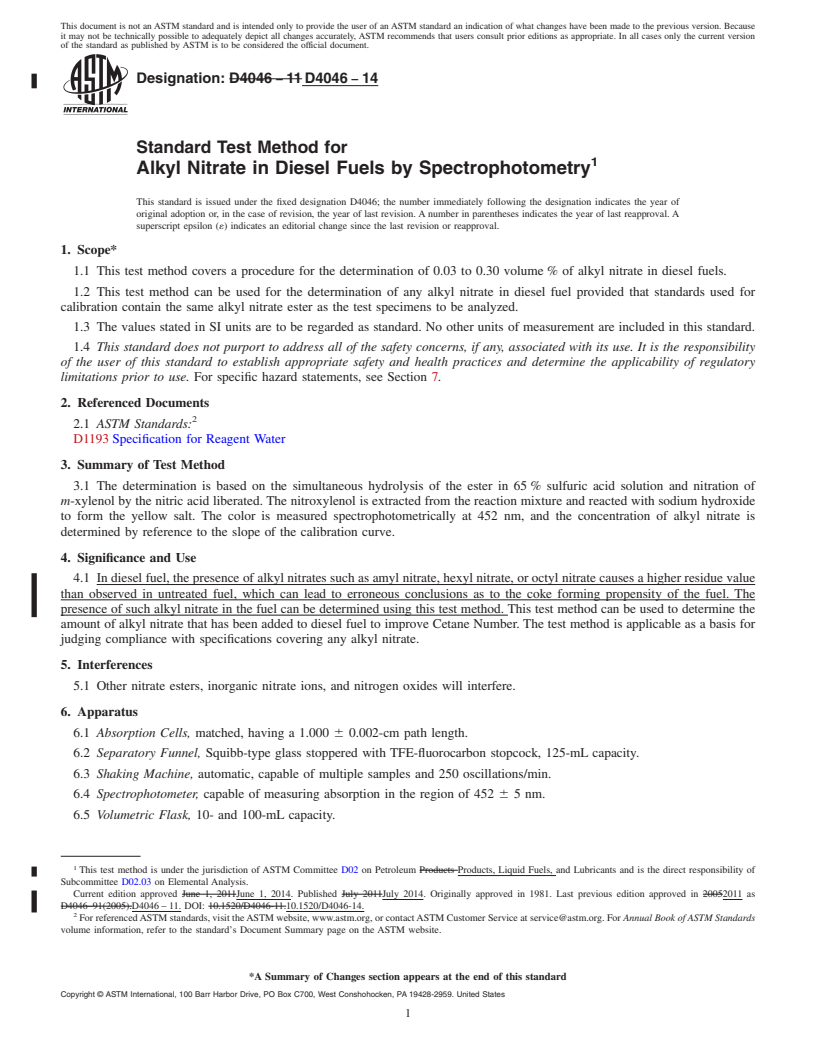 REDLINE ASTM D4046-14 - Standard Test Method for  Alkyl Nitrate in Diesel Fuels by Spectrophotometry