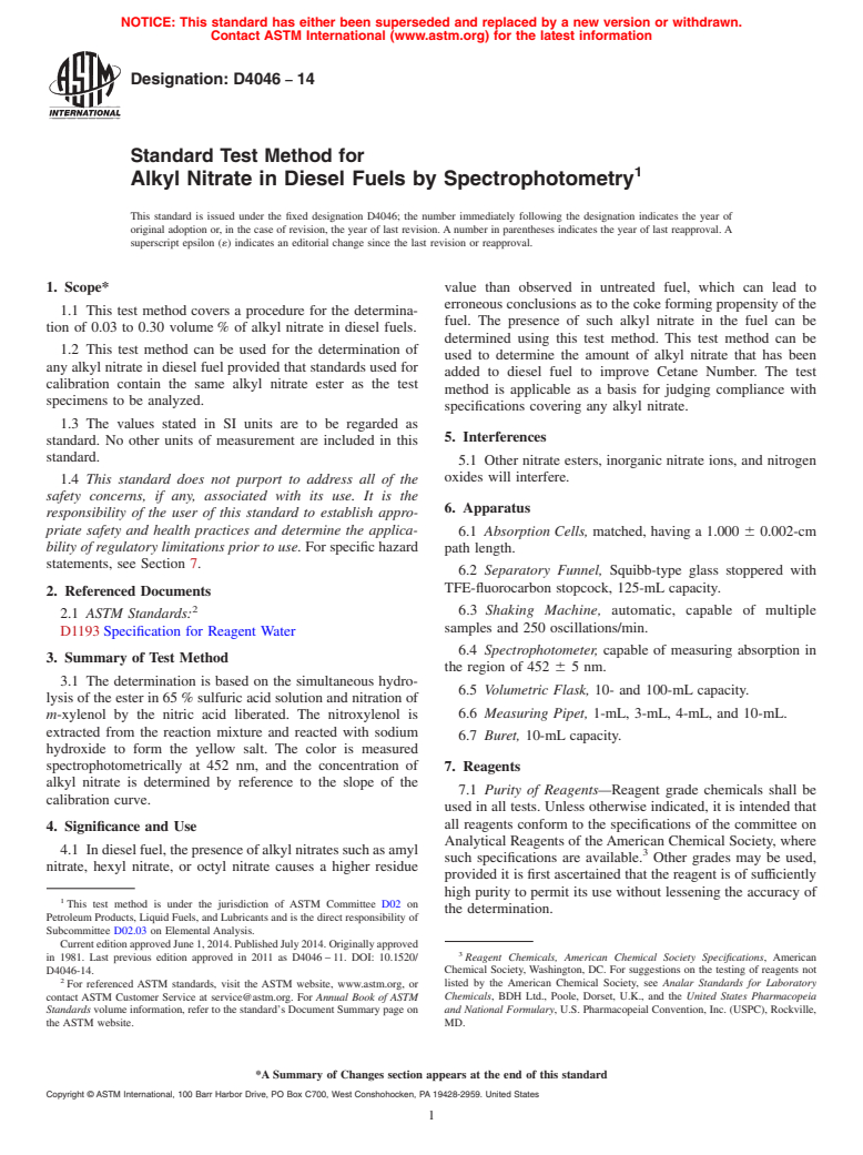 ASTM D4046-14 - Standard Test Method for  Alkyl Nitrate in Diesel Fuels by Spectrophotometry