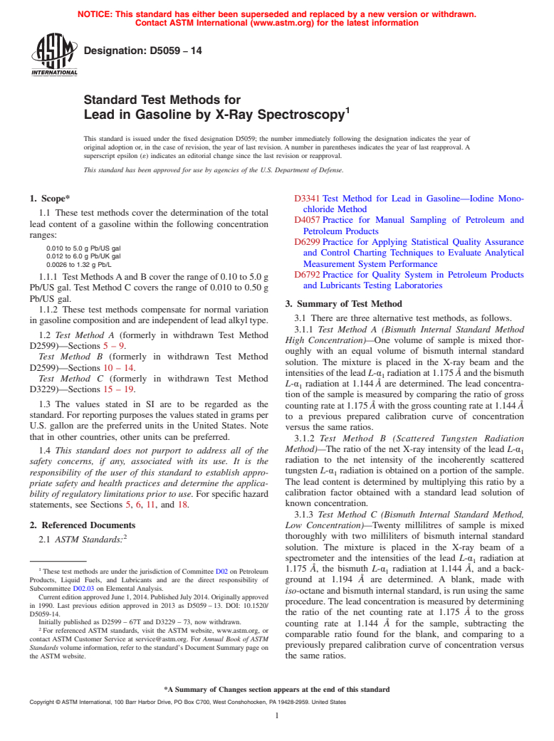 ASTM D5059-14 - Standard Test Methods for Lead in Gasoline by X-Ray Spectroscopy