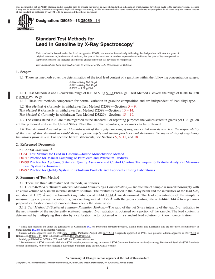 REDLINE ASTM D5059-14 - Standard Test Methods for Lead in Gasoline by X-Ray Spectroscopy