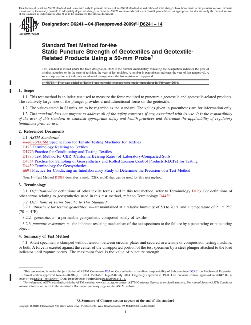 REDLINE ASTM D6241-14 - Standard Test Method for Static Puncture Strength of Geotextiles and Geotextile-Related  Products Using a 50-mm Probe