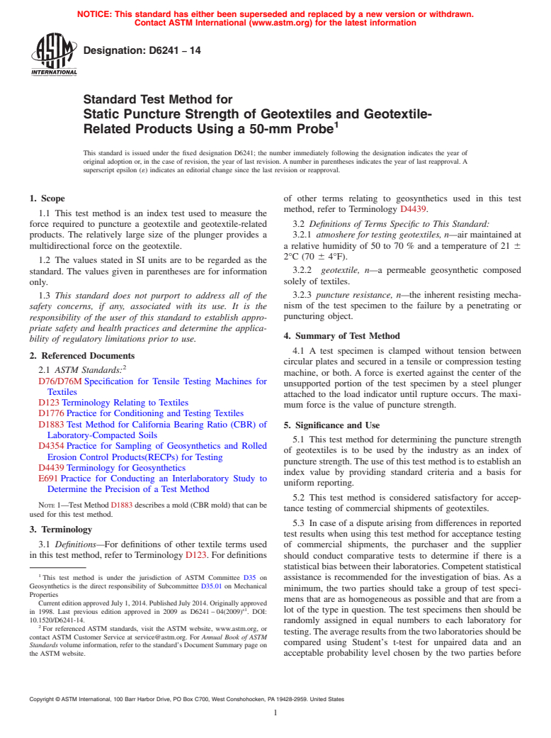 ASTM D6241-14 - Standard Test Method for Static Puncture Strength of Geotextiles and Geotextile-Related  Products Using a 50-mm Probe