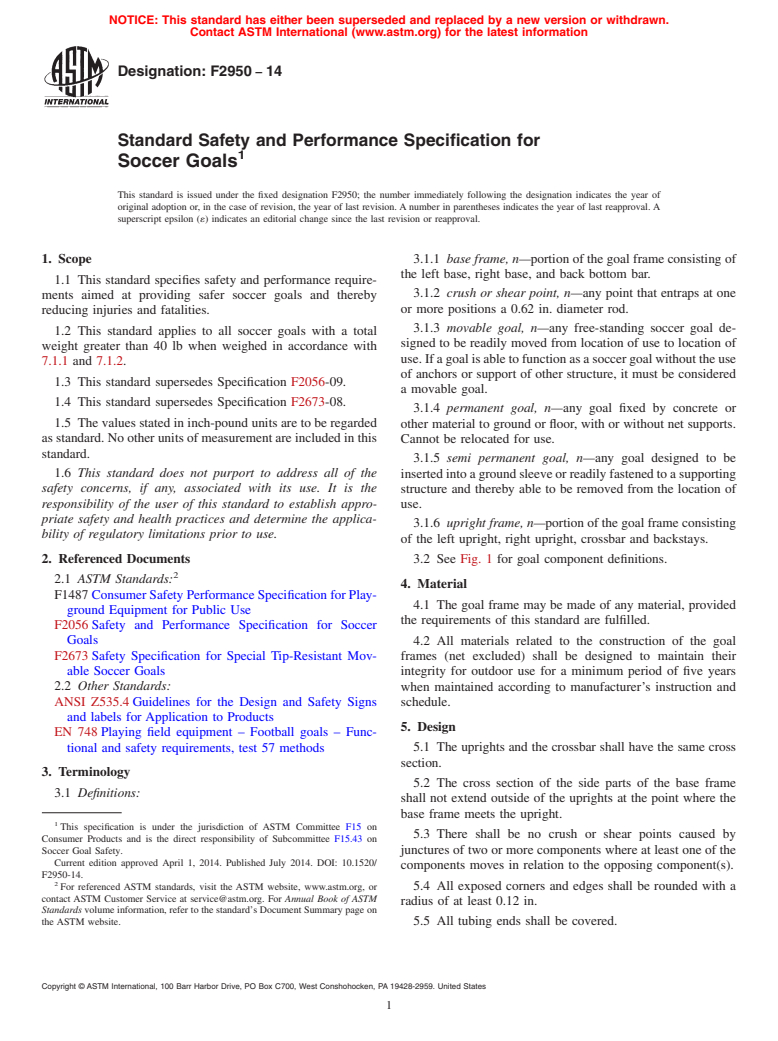 ASTM F2950-14 - Standard Safety and Performance Specification for Soccer Goals