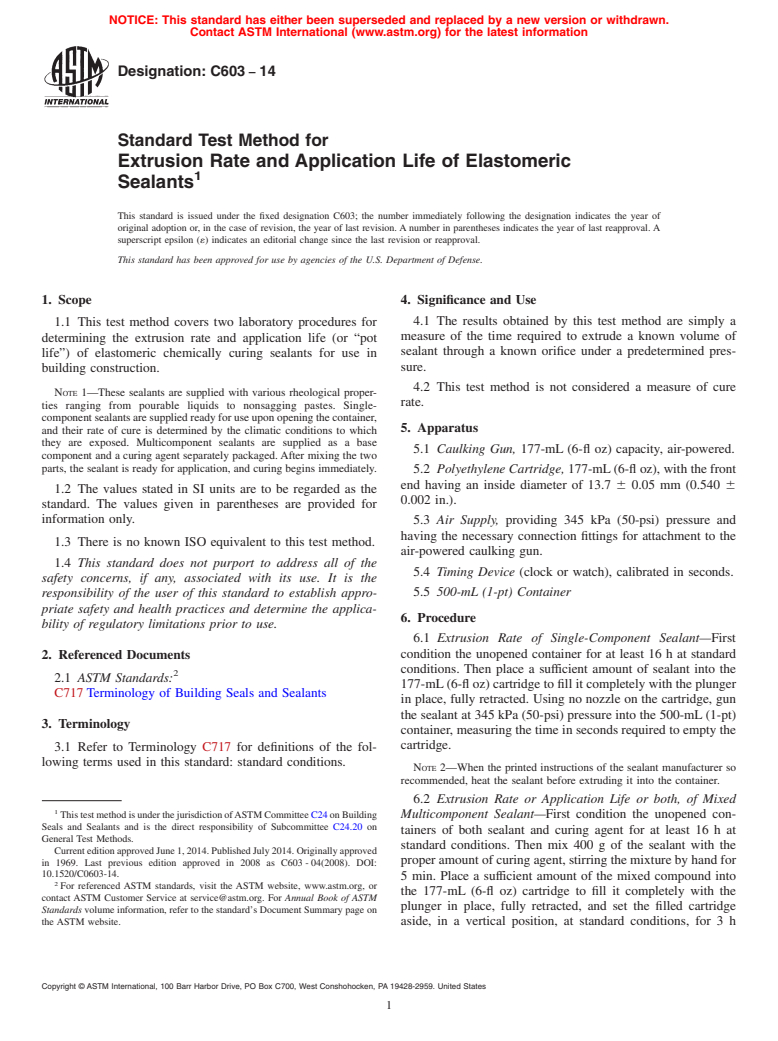 ASTM C603-14 - Standard Test Method for  Extrusion Rate and Application Life of Elastomeric Sealants