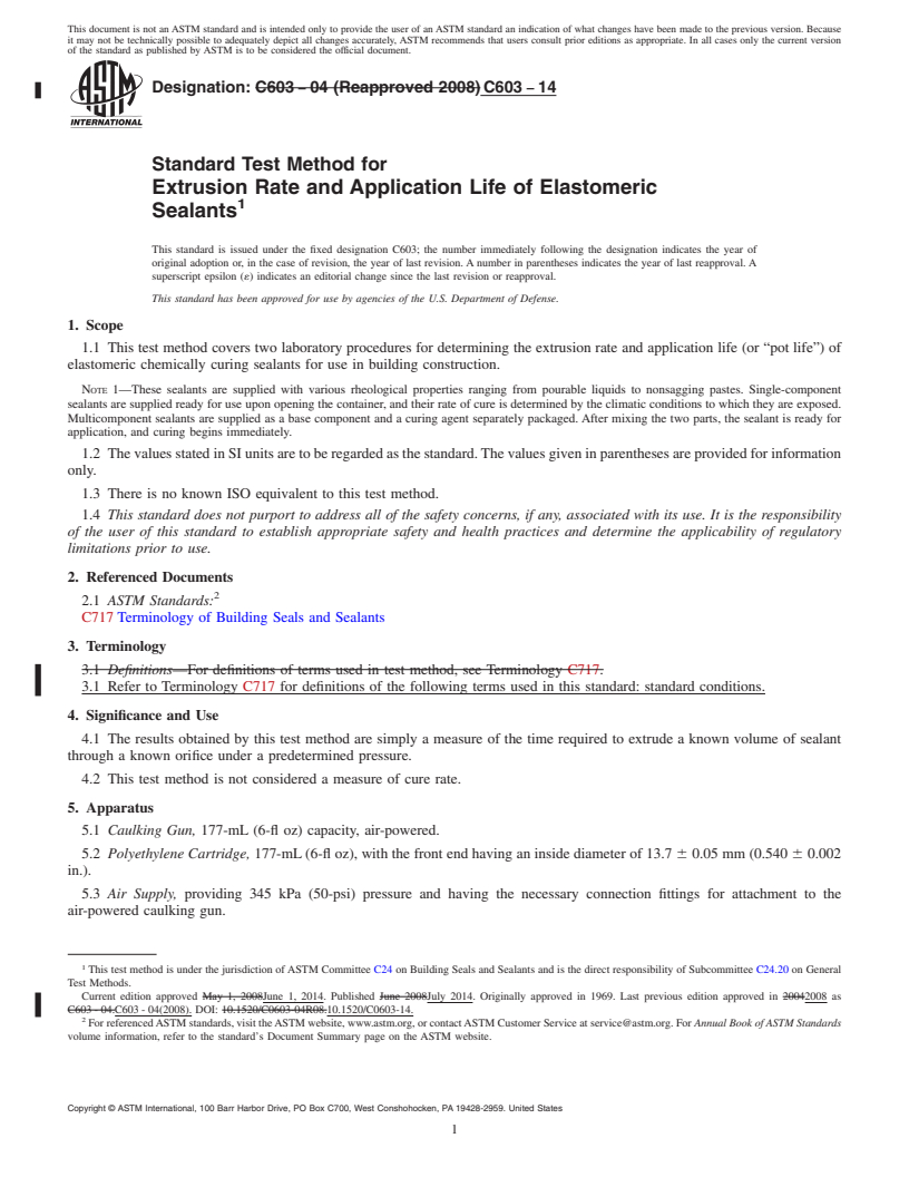 REDLINE ASTM C603-14 - Standard Test Method for  Extrusion Rate and Application Life of Elastomeric Sealants