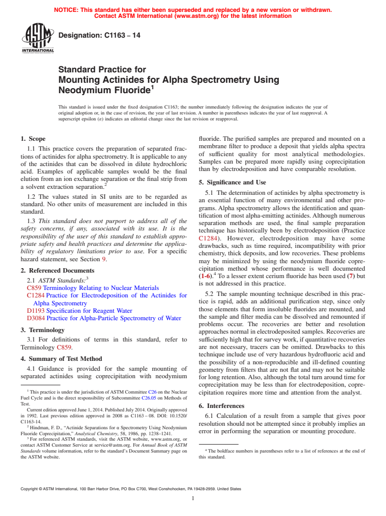 ASTM C1163-14 - Standard Practice for  Mounting Actinides for Alpha Spectrometry Using Neodymium Fluoride