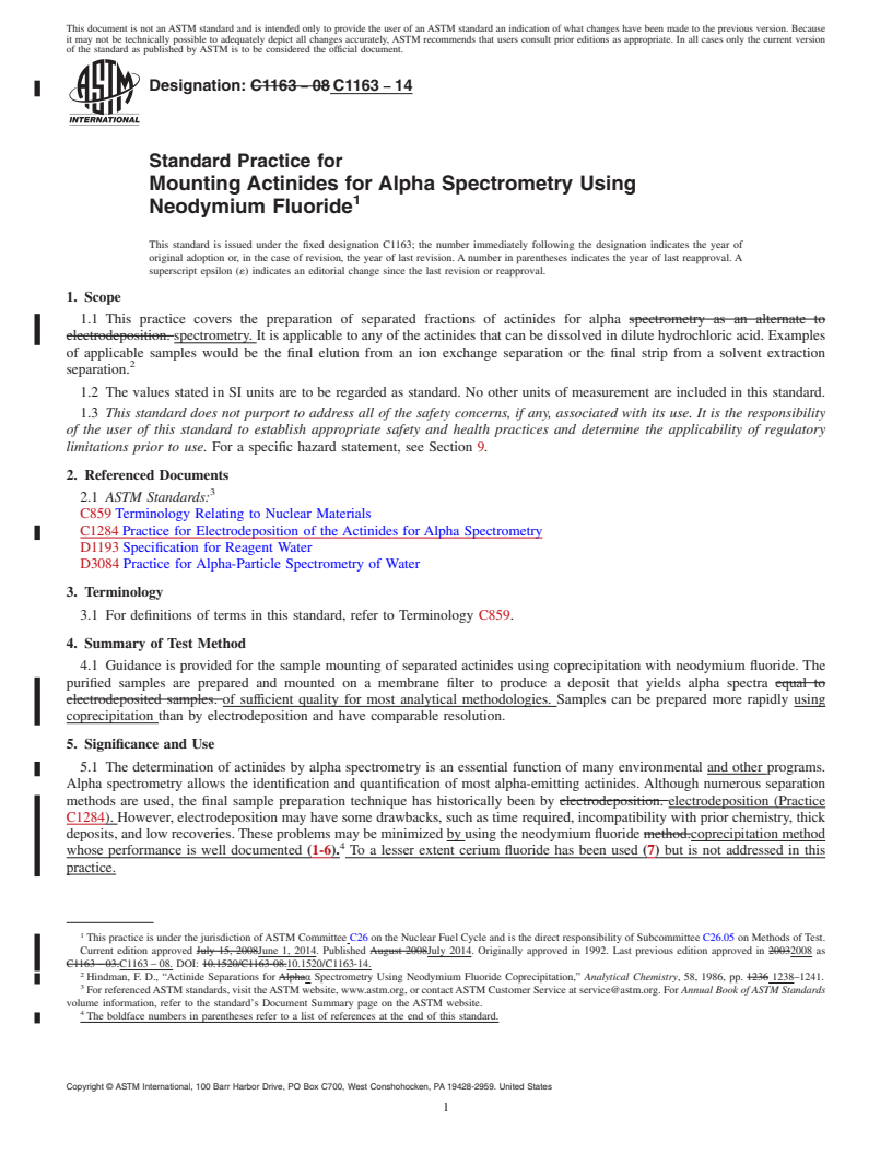 REDLINE ASTM C1163-14 - Standard Practice for  Mounting Actinides for Alpha Spectrometry Using Neodymium Fluoride