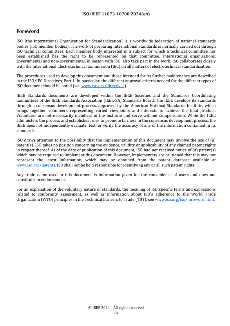 ISO/IEEE 11073-10700:2024 - Health informatics — Device interoperability — Part 10700: Point‐of‐care medical device communication — Standard for base requirements for participants in a Service‐oriented Device Connectivity (SDC) system
Released:16. 09. 2024