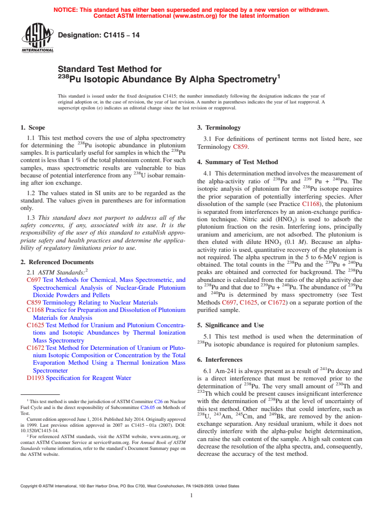 ASTM C1415-14 - Standard Test Method for  <sup>238</sup>Pu Isotopic Abundance By Alpha Spectrometry