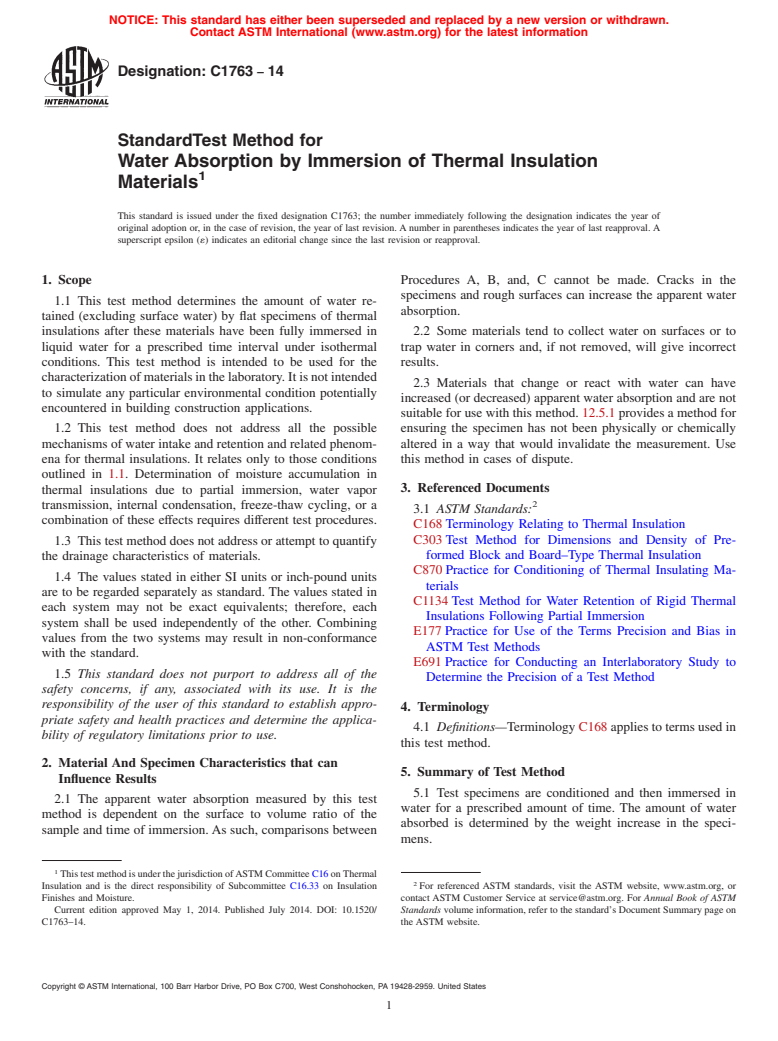 ASTM C1763-14 - Standard Test Method for Water Absorption by Immersion of Thermal Insulation Materials