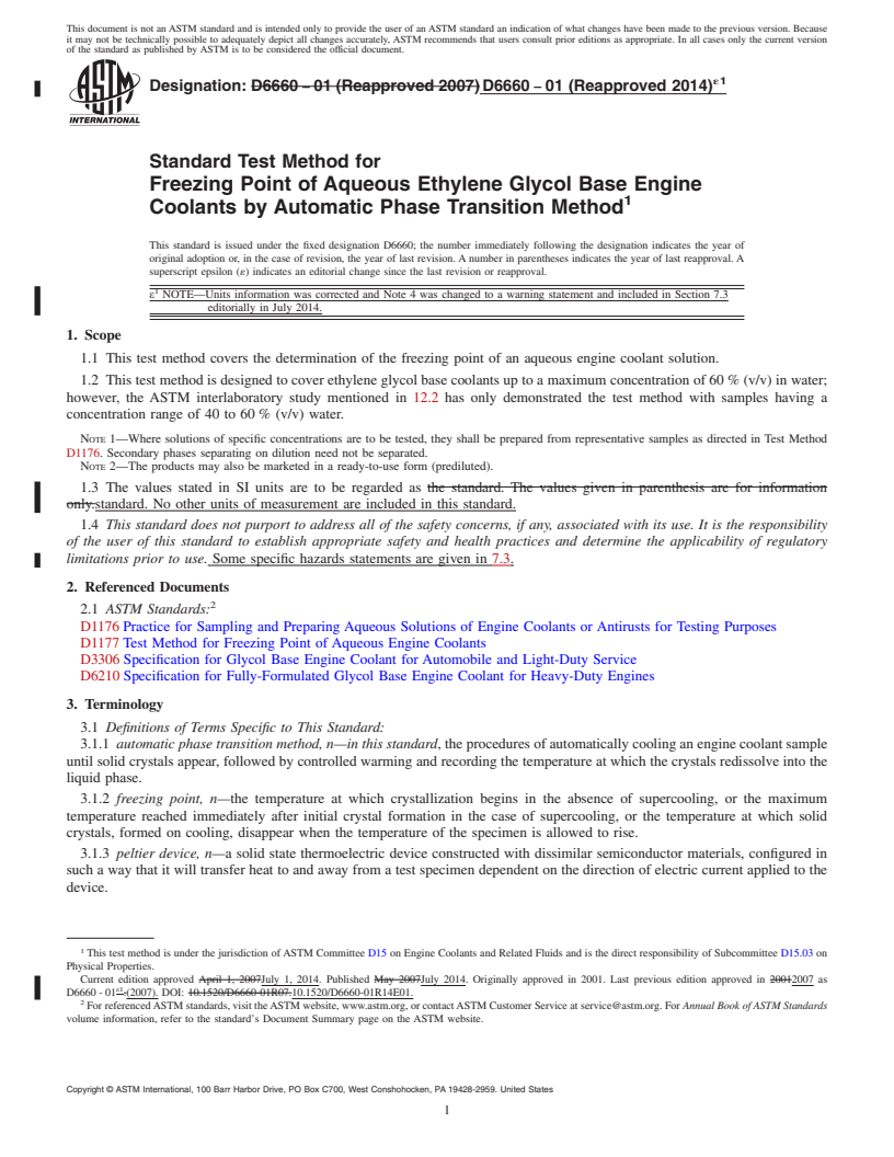 REDLINE ASTM D6660-01(2014)e1 - Standard Test Method for Freezing Point of Aqueous Ethylene Glycol Base Engine Coolants  by Automatic Phase Transition Method