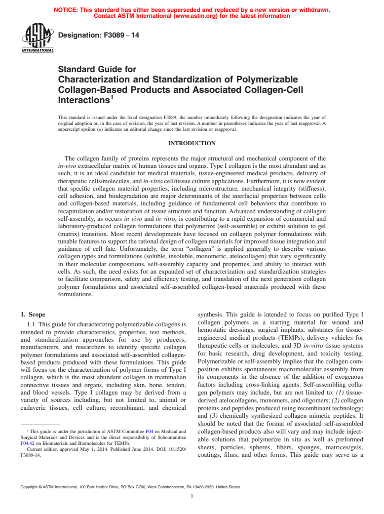 ASTM F3089-14 - Standard Guide for Characterization and Standardization of Polymerizable Collagen-Based  Products and Associated Collagen-Cell Interactions