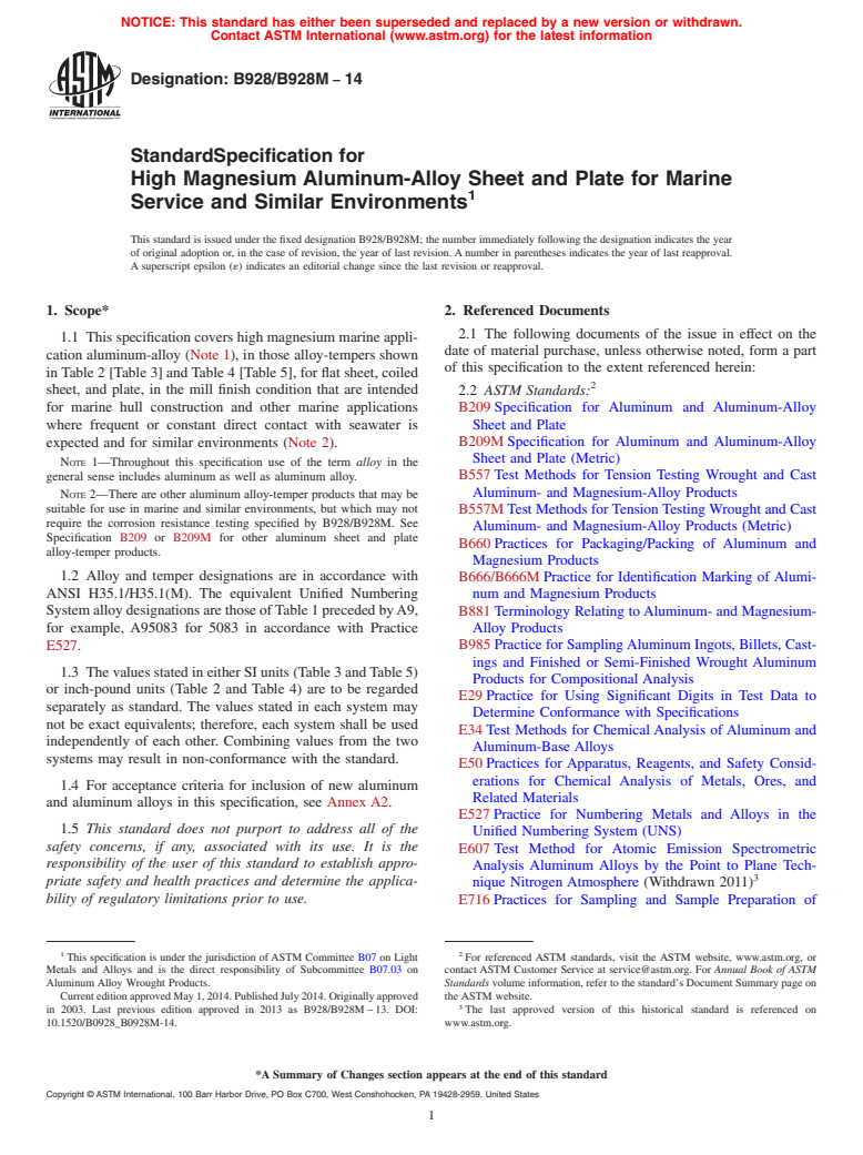 ASTM B928/B928M-14 - Standard Specification for High Magnesium Aluminum-Alloy Sheet and Plate for Marine Service  and Similar Environments