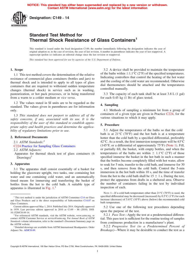 ASTM C149-14 - Standard Test Method for  Thermal Shock Resistance of Glass Containers