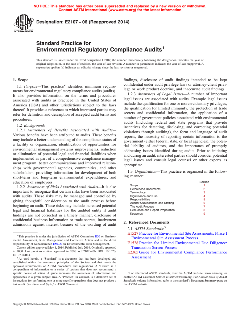 ASTM E2107-06(2014) - Standard Practice for  Environmental Regulatory Compliance Audits