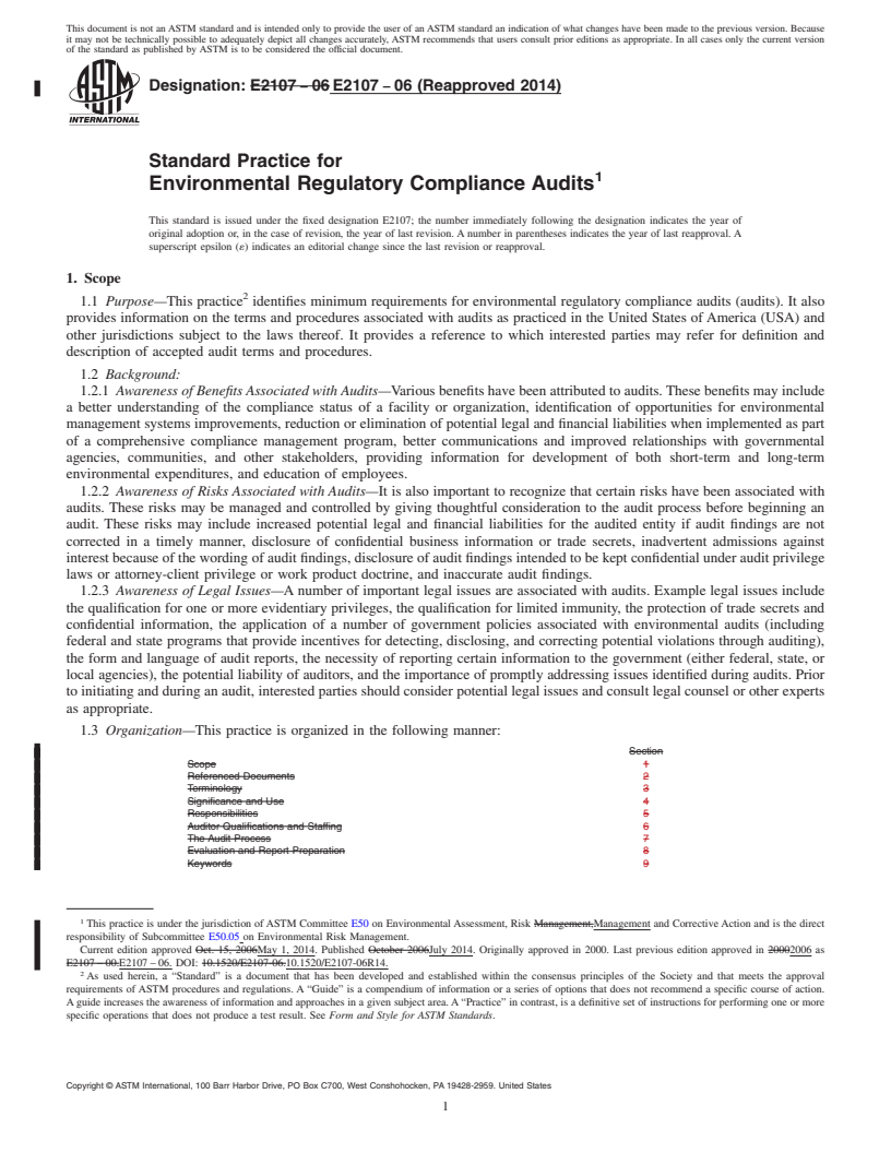 REDLINE ASTM E2107-06(2014) - Standard Practice for  Environmental Regulatory Compliance Audits