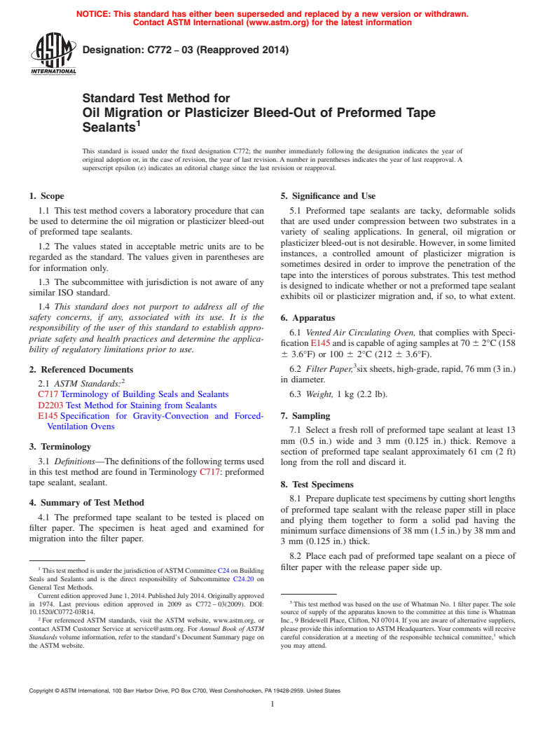 ASTM C772-03(2014) - Standard Test Method for  Oil Migration or Plasticizer Bleed-Out of Preformed Tape Sealants