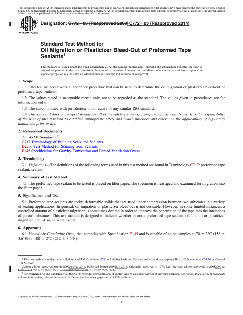 REDLINE ASTM C772-03(2014) - Standard Test Method for  Oil Migration or Plasticizer Bleed-Out of Preformed Tape Sealants