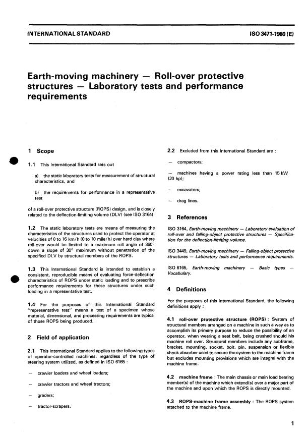 ISO 3471:1980 - Earth-moving machinery -- Roll-over protective structures -- Laboratory tests and performance requirements