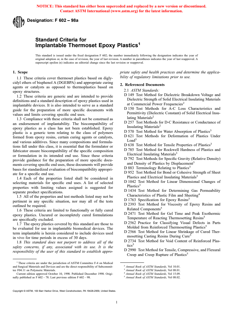 ASTM F602-98a - Standard Criteria for Implantable Thermoset Epoxy Plastics