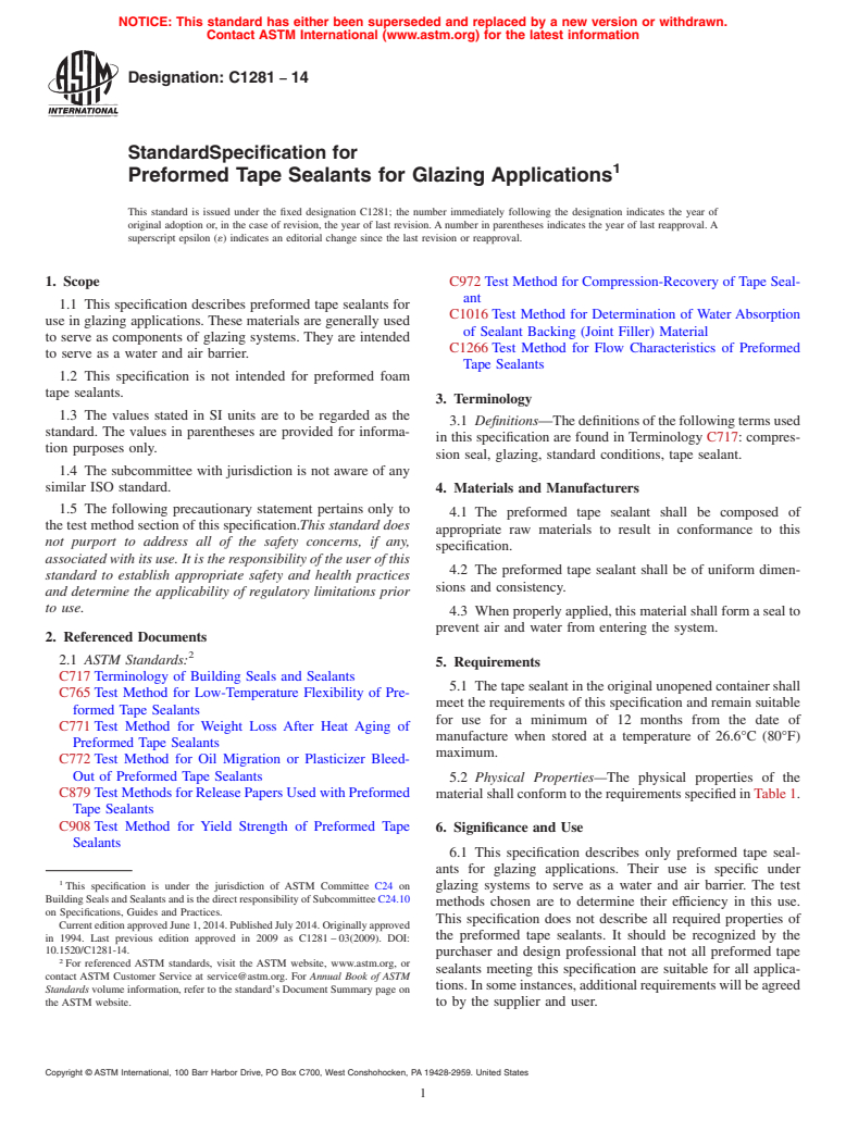 ASTM C1281-14 - Standard Specification for  Preformed Tape Sealants for Glazing Applications