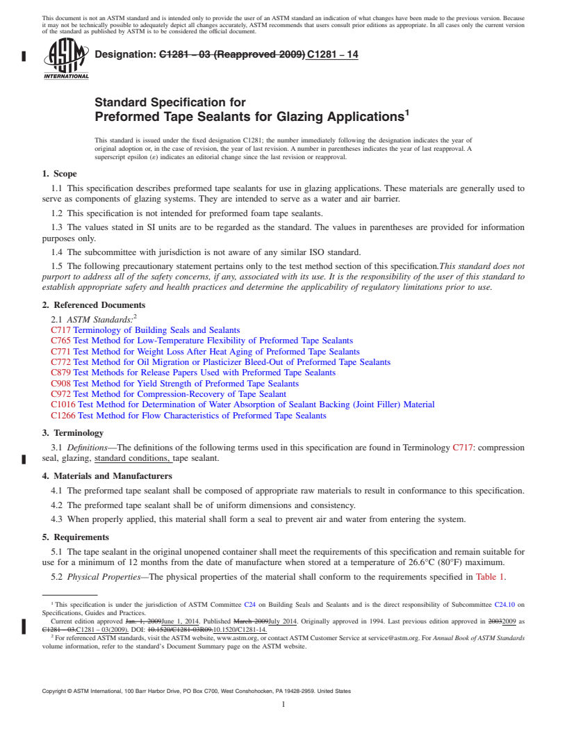 REDLINE ASTM C1281-14 - Standard Specification for  Preformed Tape Sealants for Glazing Applications