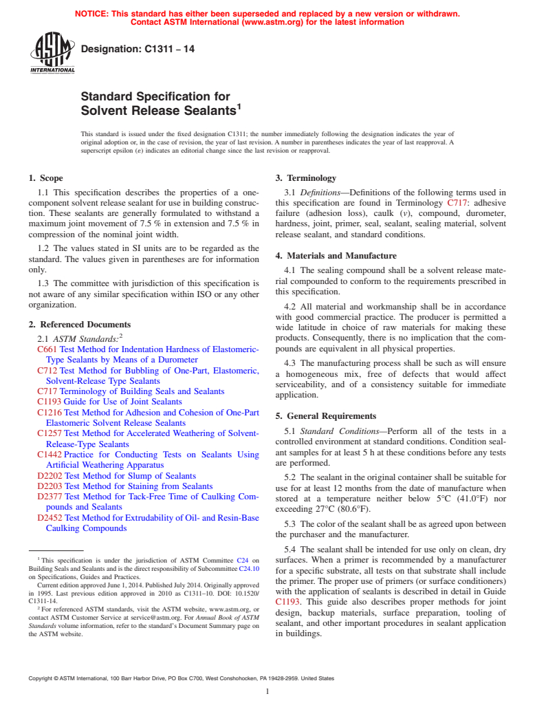 ASTM C1311-14 - Standard Specification for  Solvent Release Sealants