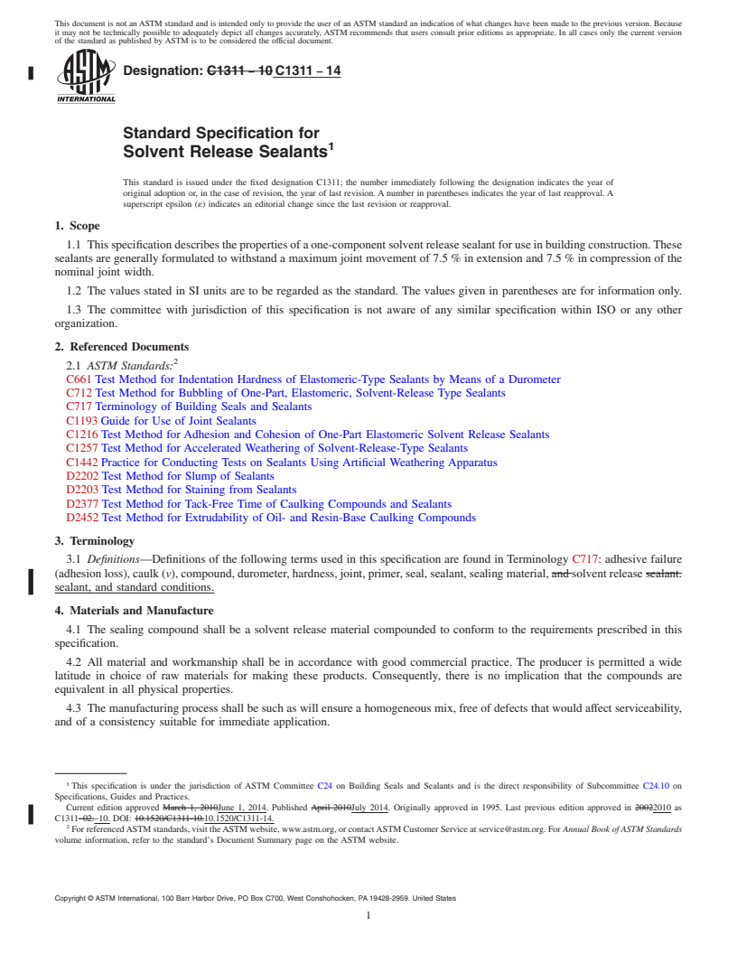 REDLINE ASTM C1311-14 - Standard Specification for  Solvent Release Sealants