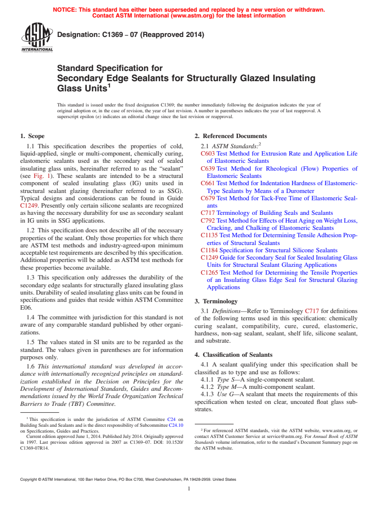 ASTM C1369-07(2014) - Standard Specification for  Secondary Edge Sealants for Structurally Glazed Insulating  Glass Units