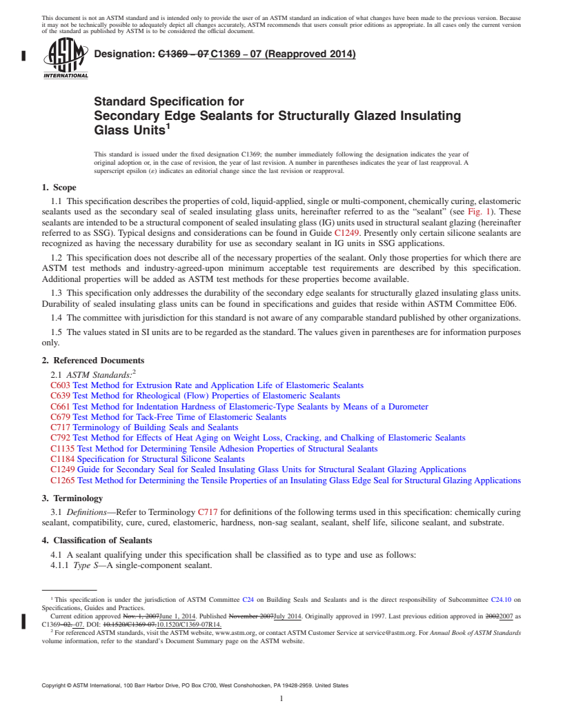 REDLINE ASTM C1369-07(2014) - Standard Specification for  Secondary Edge Sealants for Structurally Glazed Insulating  Glass Units