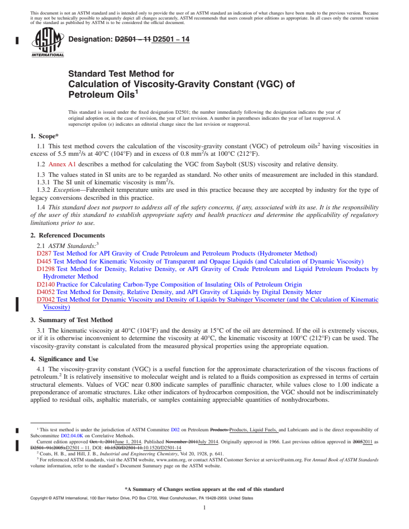 REDLINE ASTM D2501-14 - Standard Test Method for  Calculation of Viscosity-Gravity Constant &#40;VGC&#41; of Petroleum   Oils