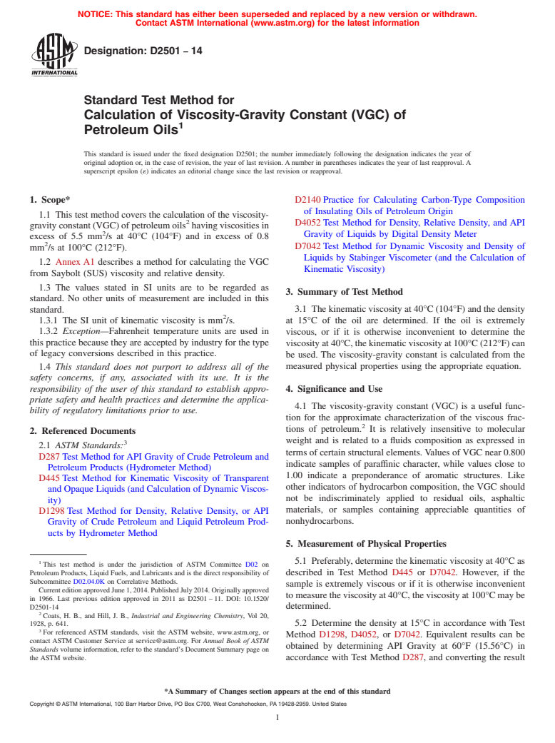 ASTM D2501-14 - Standard Test Method for  Calculation of Viscosity-Gravity Constant &#40;VGC&#41; of Petroleum   Oils