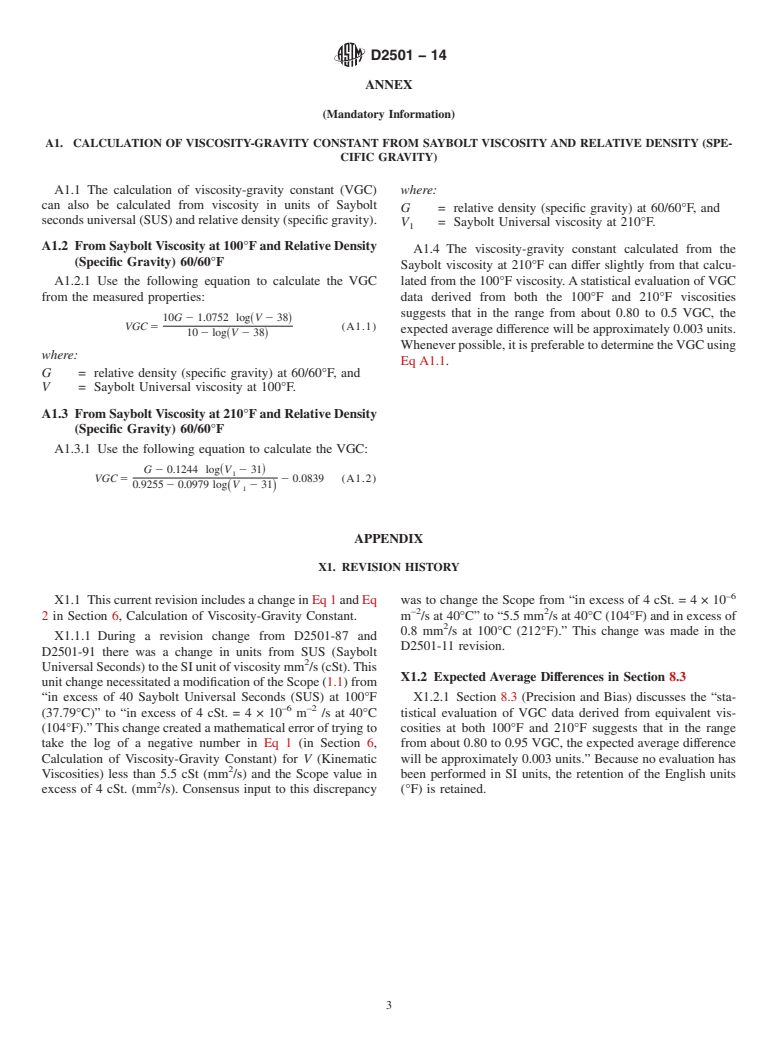 ASTM D2501-14 - Standard Test Method for  Calculation of Viscosity-Gravity Constant &#40;VGC&#41; of Petroleum   Oils