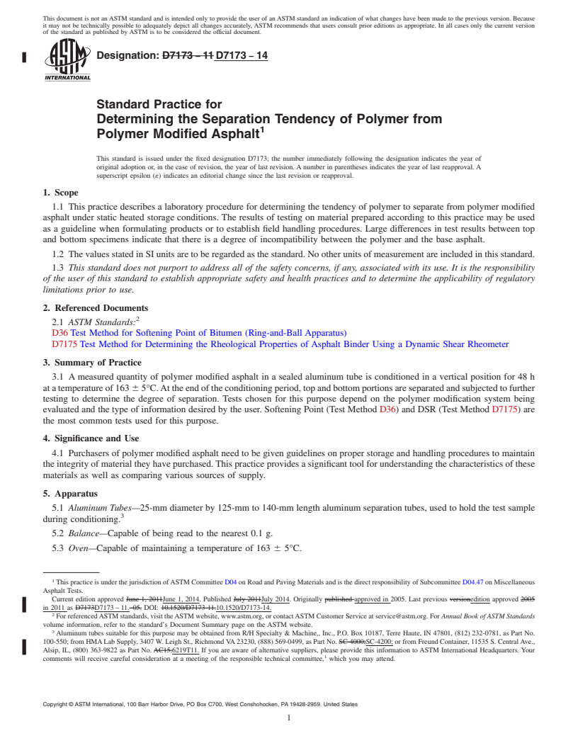 REDLINE ASTM D7173-14 - Standard Practice for Determining the Separation Tendency of Polymer from Polymer  Modified Asphalt