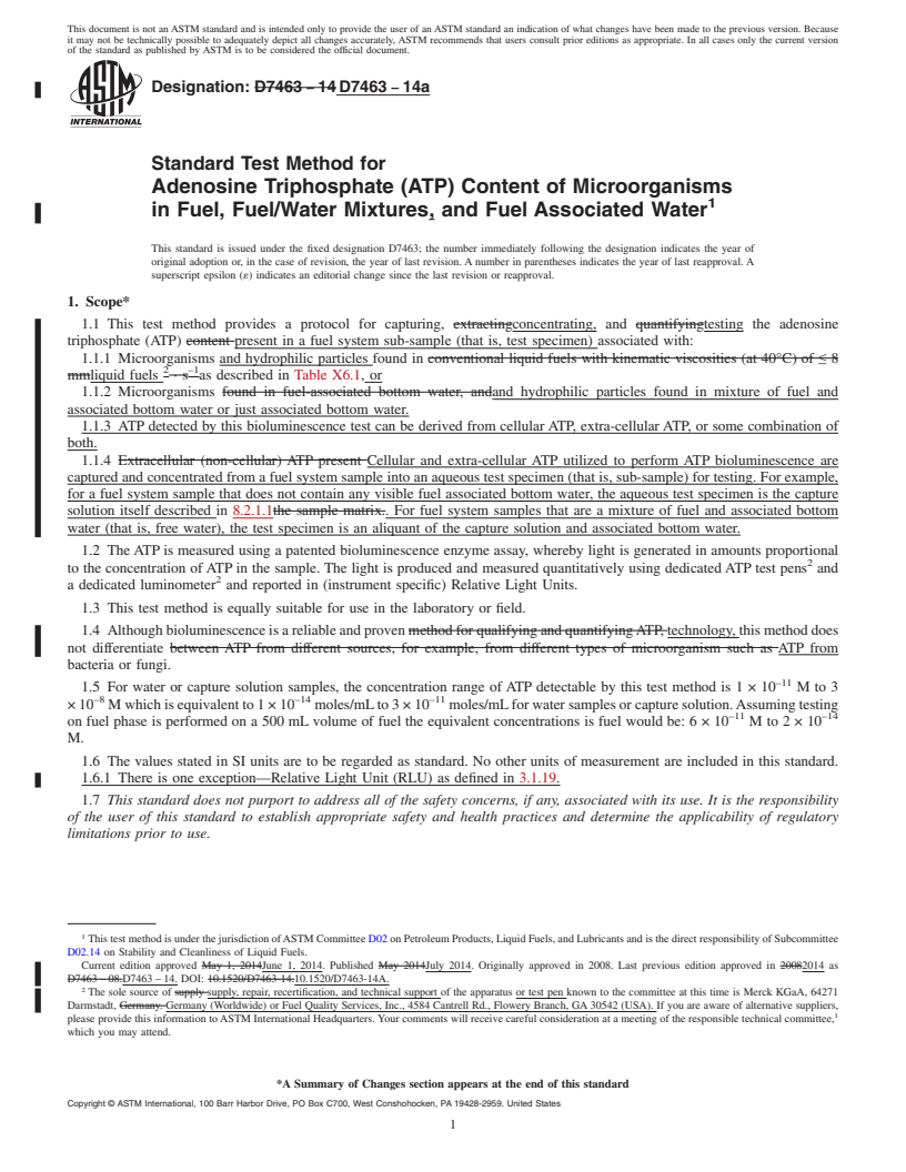 REDLINE ASTM D7463-14a - Standard Test Method for  Adenosine Triphosphate &#40;ATP&#41; Content of Microorganisms in Fuel,  Fuel/Water Mixtures, and Fuel Associated Water