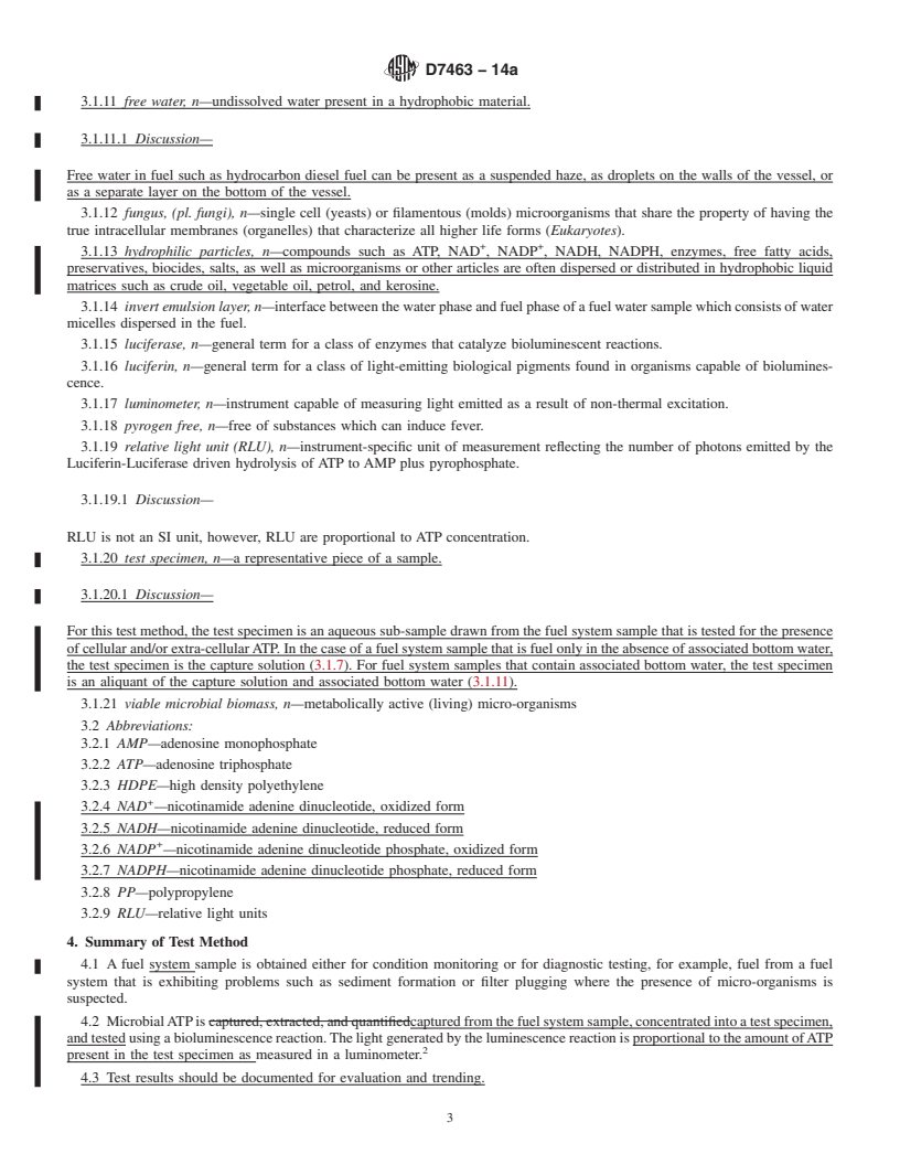 REDLINE ASTM D7463-14a - Standard Test Method for  Adenosine Triphosphate &#40;ATP&#41; Content of Microorganisms in Fuel,  Fuel/Water Mixtures, and Fuel Associated Water