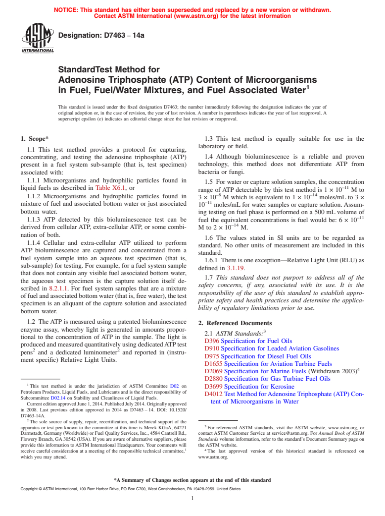 ASTM D7463-14a - Standard Test Method for  Adenosine Triphosphate &#40;ATP&#41; Content of Microorganisms in Fuel,  Fuel/Water Mixtures, and Fuel Associated Water