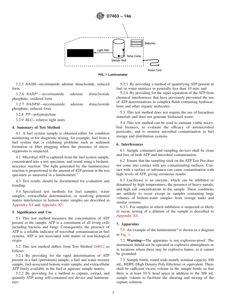 ASTM D7463-14a - Standard Test Method for  Adenosine Triphosphate &#40;ATP&#41; Content of Microorganisms in Fuel,  Fuel/Water Mixtures, and Fuel Associated Water