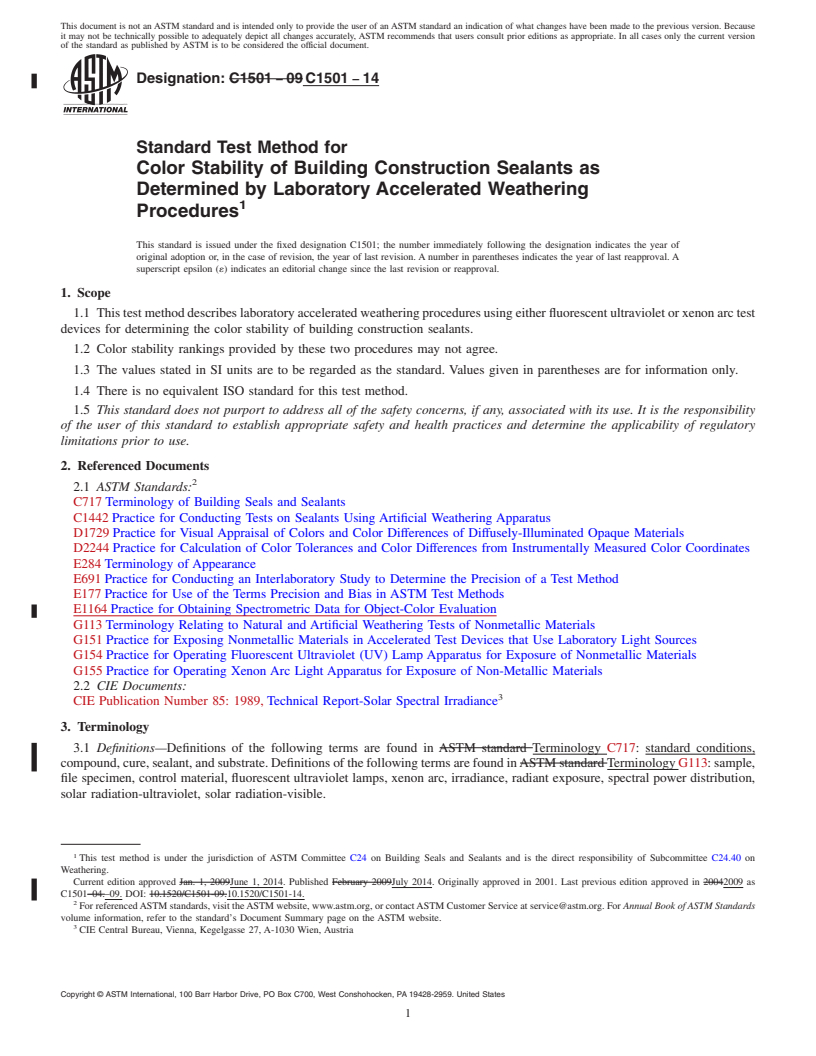 REDLINE ASTM C1501-14 - Standard Test Method for  Color Stability of Building Construction Sealants as Determined  by Laboratory Accelerated Weathering Procedures