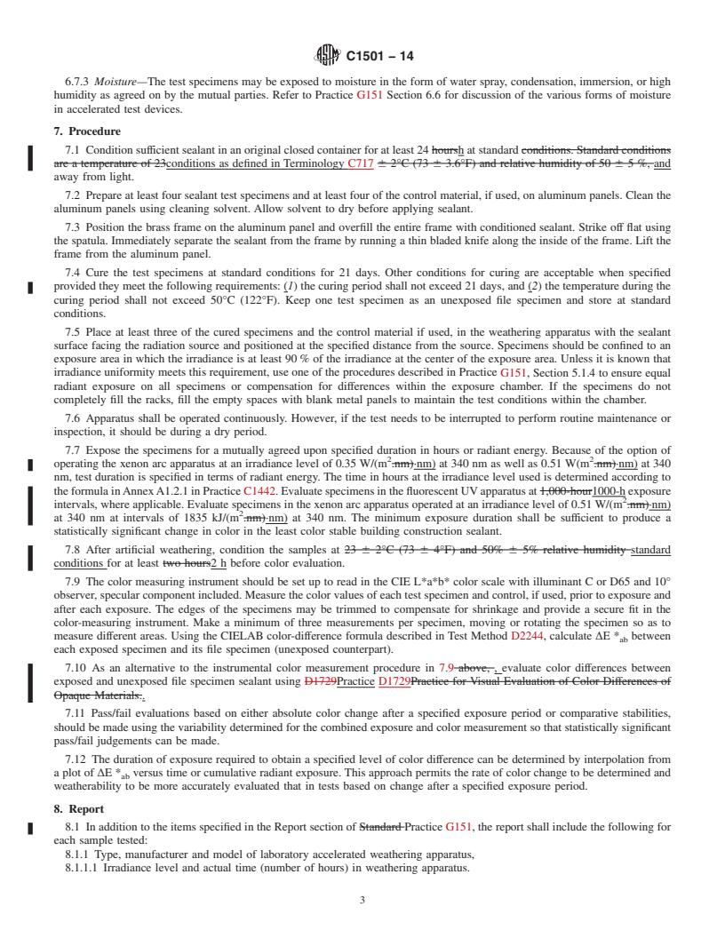 REDLINE ASTM C1501-14 - Standard Test Method for  Color Stability of Building Construction Sealants as Determined  by Laboratory Accelerated Weathering Procedures