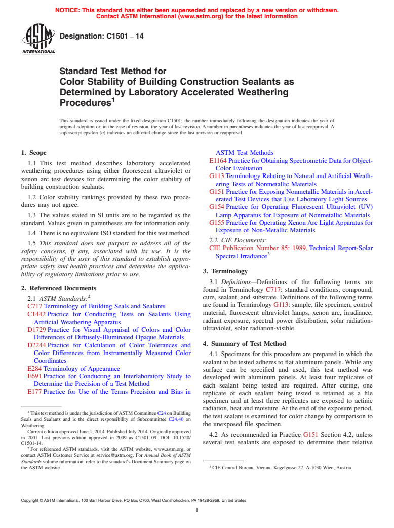 ASTM C1501-14 - Standard Test Method for  Color Stability of Building Construction Sealants as Determined  by Laboratory Accelerated Weathering Procedures