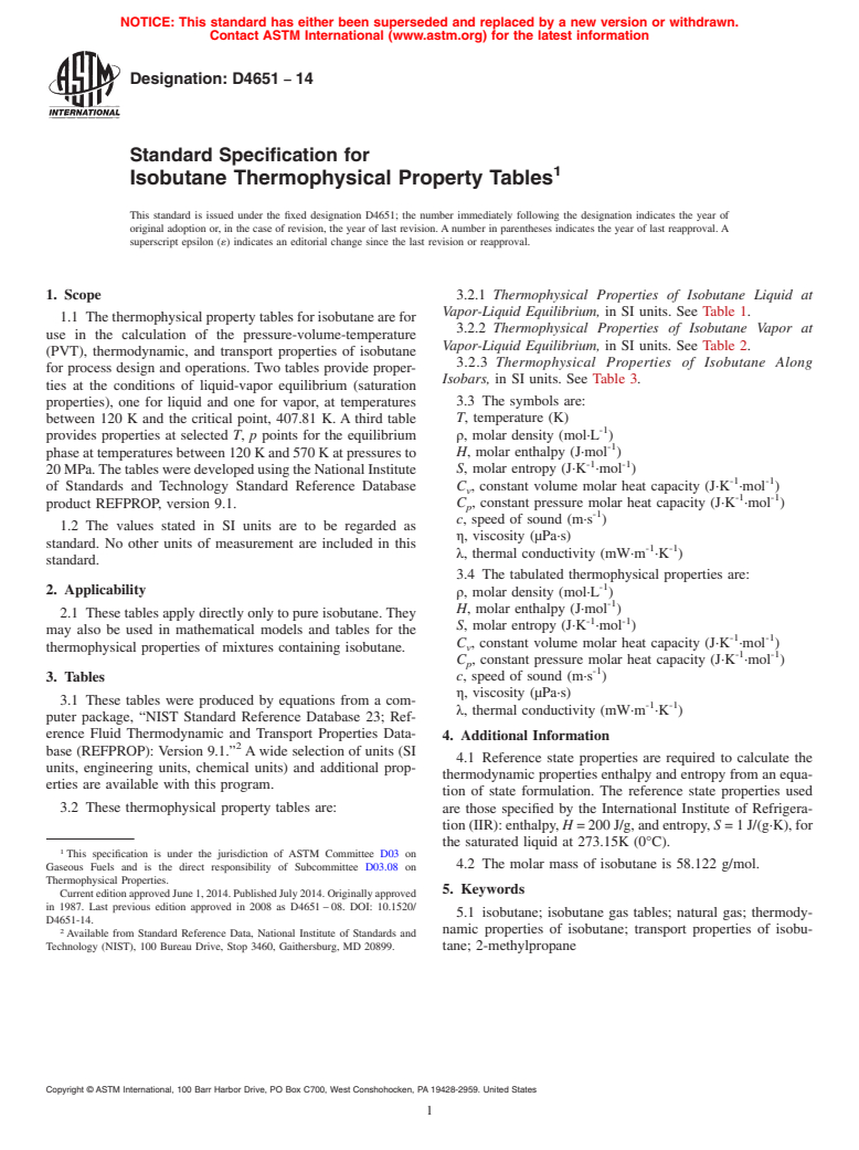 ASTM D4651-14 - Standard Specification for  Isobutane Thermophysical Property Tables