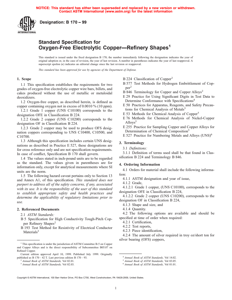 ASTM B170-99 - Standard Specification for Oxygen-Free Electrolytic Copper Refinery Shapes