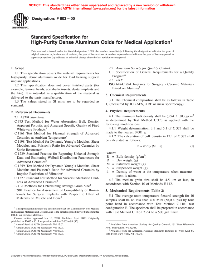 ASTM F603-00 - Standard Specification for High-Purity Dense Aluminum Oxide for Surgical Implant Application (Withdrawn 2009)